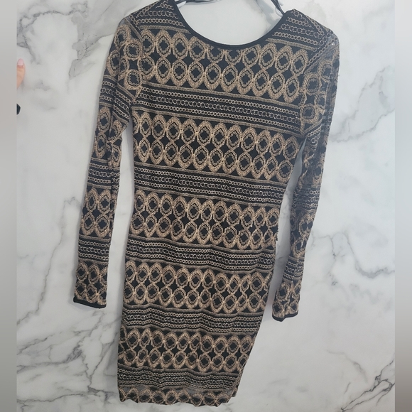 Forever 21 Black & Gold Metallic Bodycon Long Sleeve Dress (Size M) - Picture 5 of 5